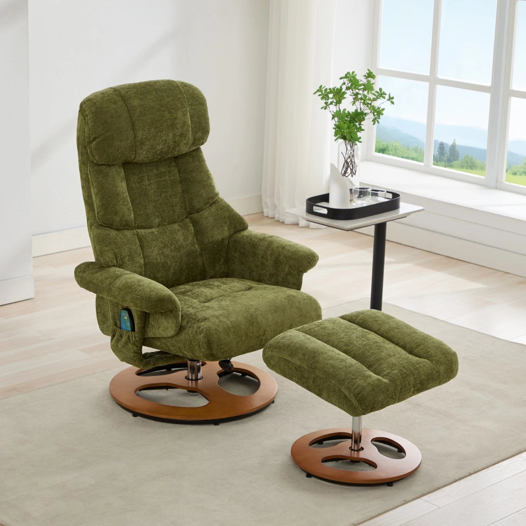 Poltrona Relax Massaggiante Reclinabile con Poggiapiedi ¨C MINIMAL ¨C Verde, Girevole, Tessuto Chenille