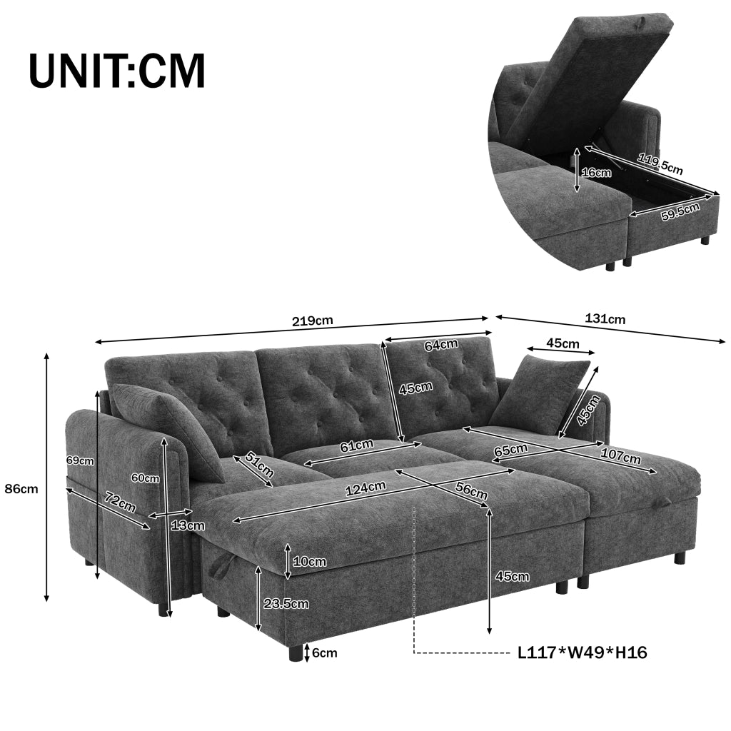 Divano in velluto grigio con chaise longue e pouf contenitore, seduta con molle insacchettate, 219 x 131 x 86 cm
