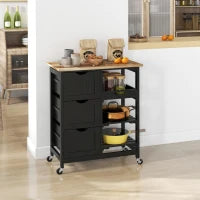 Carrello da Cucina con Ruote con 3 Cassetti, 2 Ripiani Aperti e Vassoio Estraibile 67x37x85,5 cm Nero