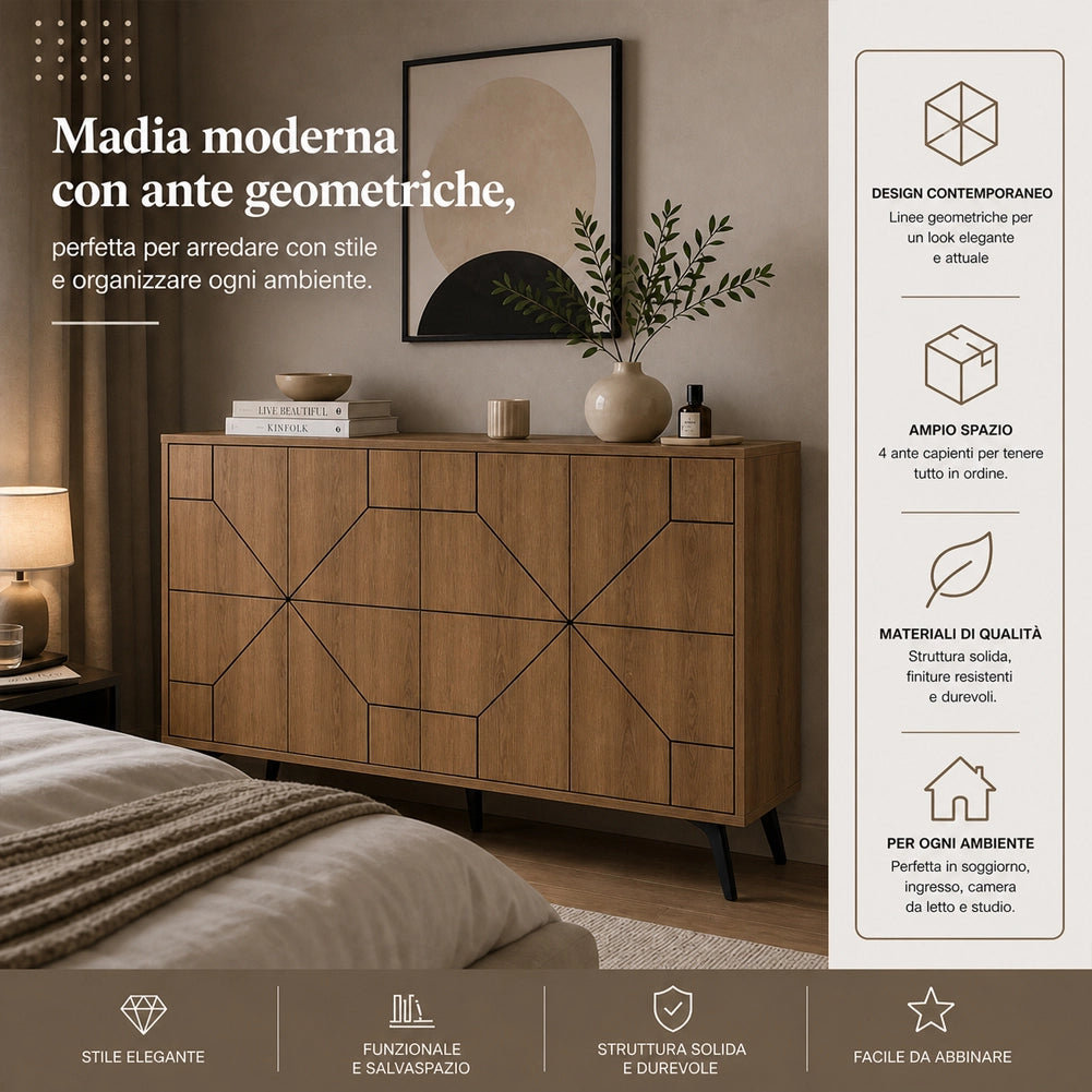Madia con 4 Ante Credenza Design Geometrico Moderno in Legno 123x77 cm Rovere