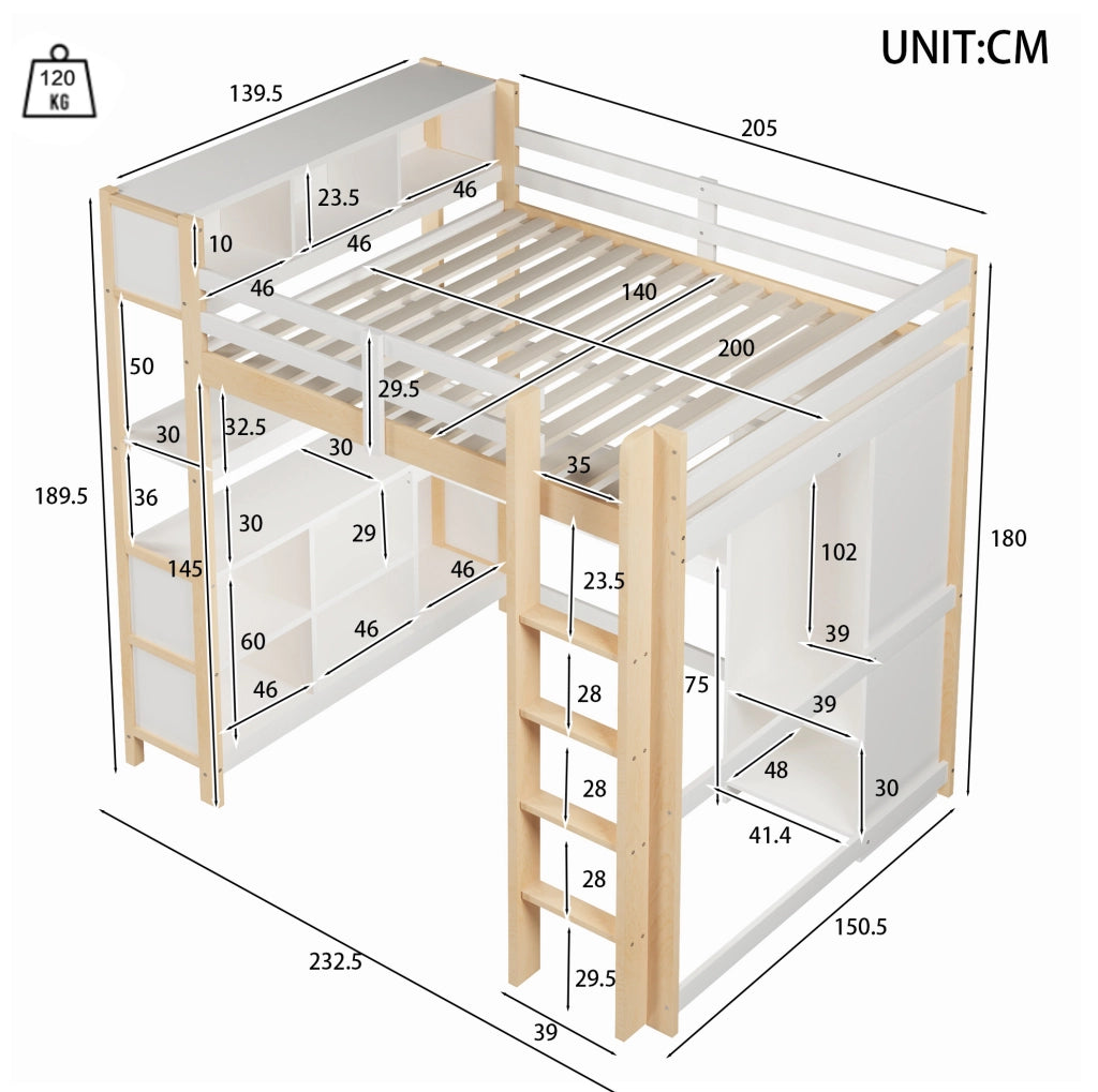 Letto a soppalco 140x200 cm con scrivania e armadio