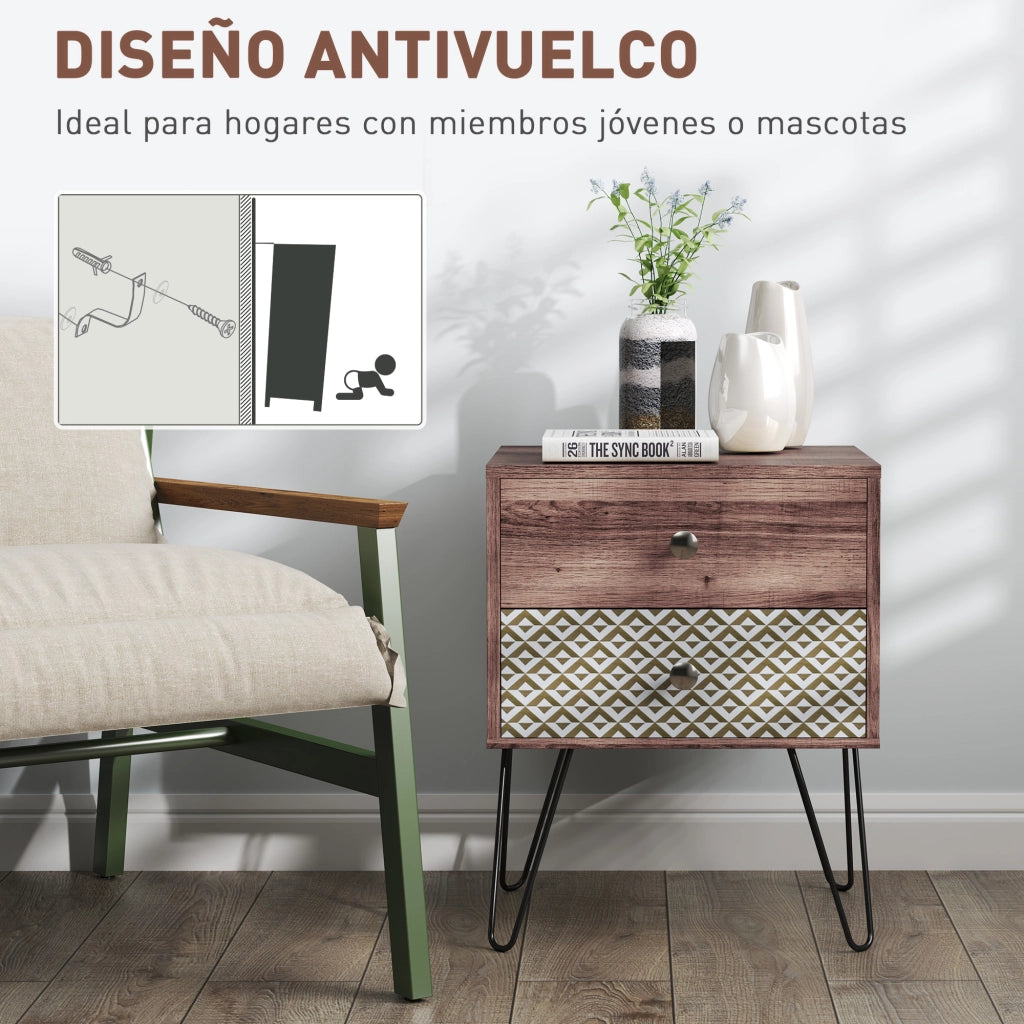 Comodino con 2 cassetti gambe in acciaio stile bohemien ¨C zephmum ¨C Marrone 45x39x55,5 cm