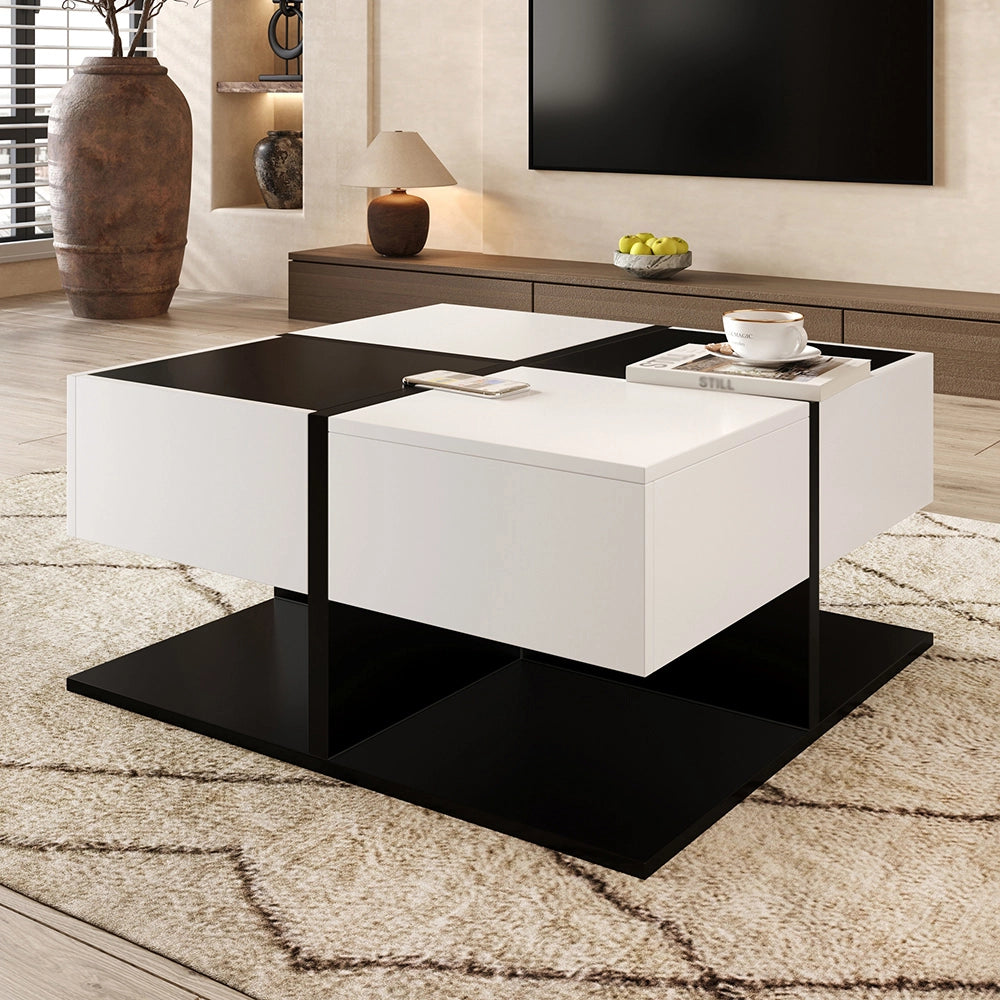 Tavolino-Xylo-70x70x35.5cm 2 cassetti nero e bianco