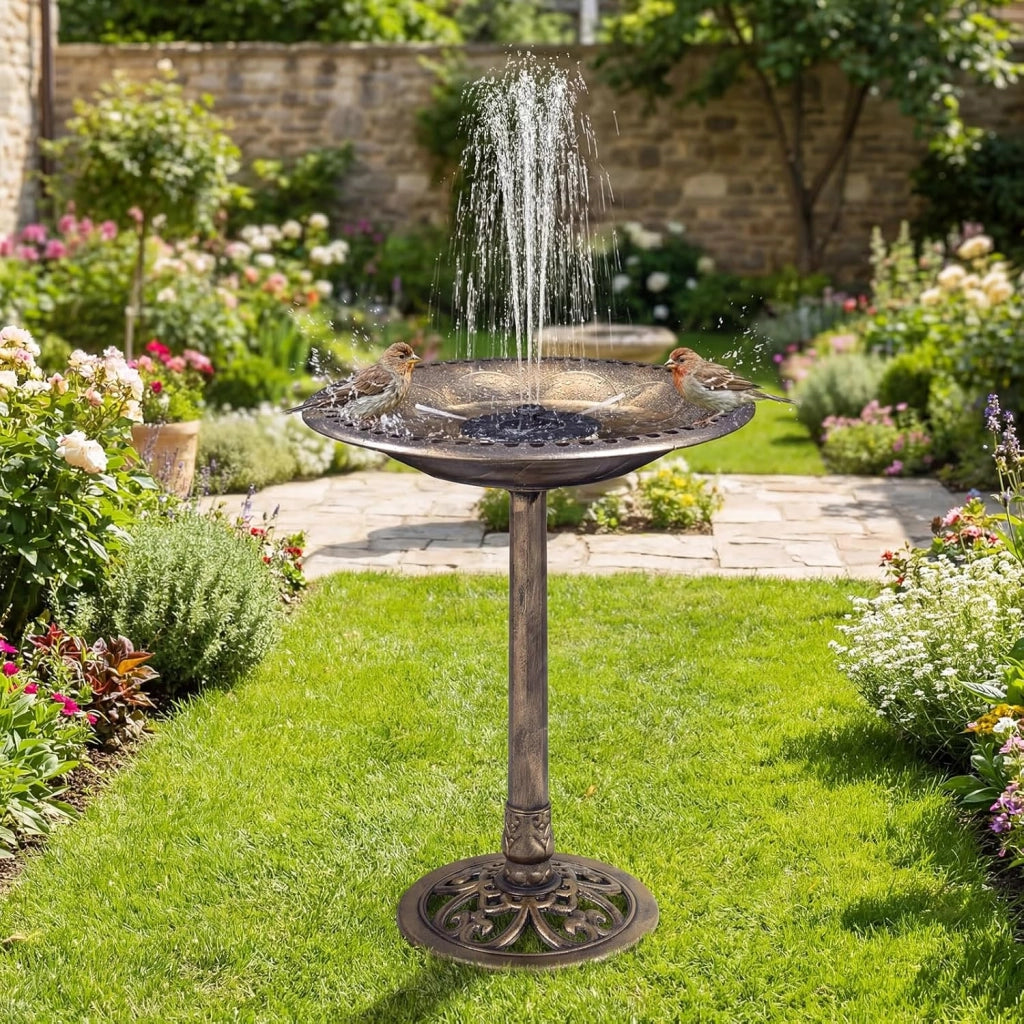 Mangiatoia per Uccelli da Esterno 2 in 1, Vasca per Uccelli con 6 Tipi di Ugelli, Base Robusta e Picchetti, Fontana Moderno Resistente alle Intemperie per Giardino e Cortile