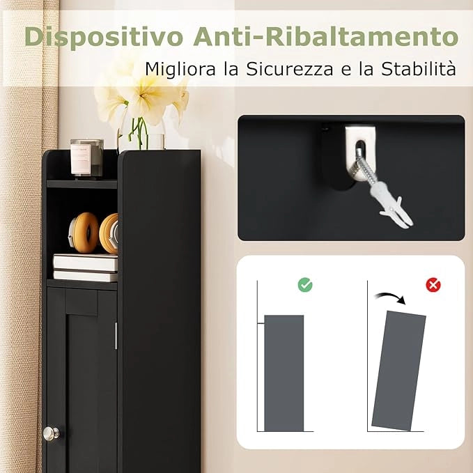 Mobiletto per Bagno Piccolo, Armadietto Salvaspazio da Terra Angolare con Porta e Ripiani Regolabili, Porta Carta Igienica Stretto, Mobiletto per Soggiorno, Cucina e Ingresso (Nero)