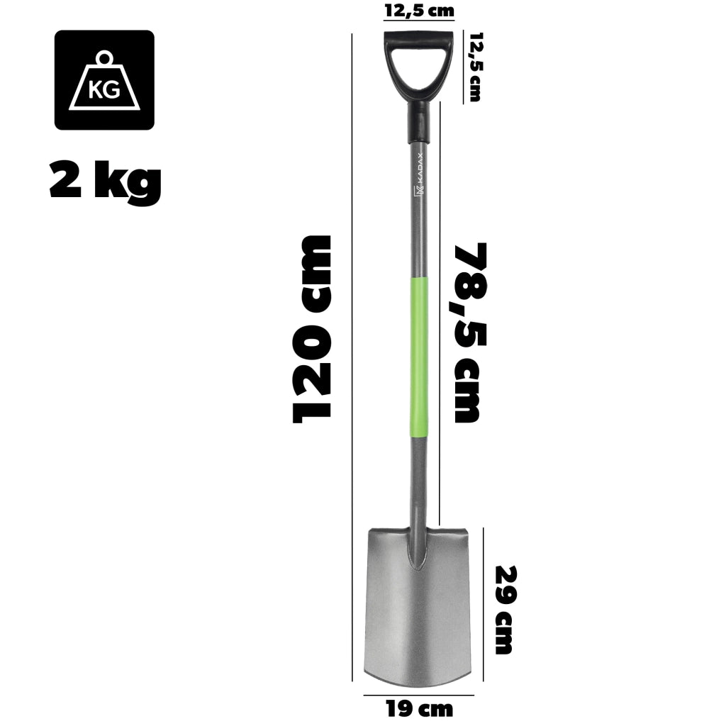 Pala dritta KADAX da giardino, 120 cm, in metallo, ergonomica e robusta.