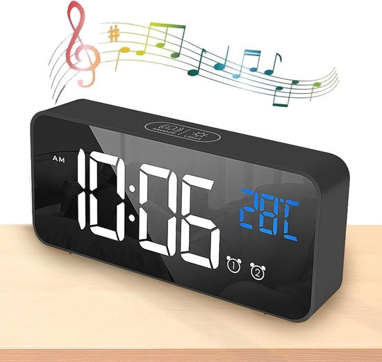 Alarme Digitale con Display LED e Temperatura, Funzione Snooze, Volume di Allarme Regolabile, 13 Tipi di Suono, Ricaricabile via USB