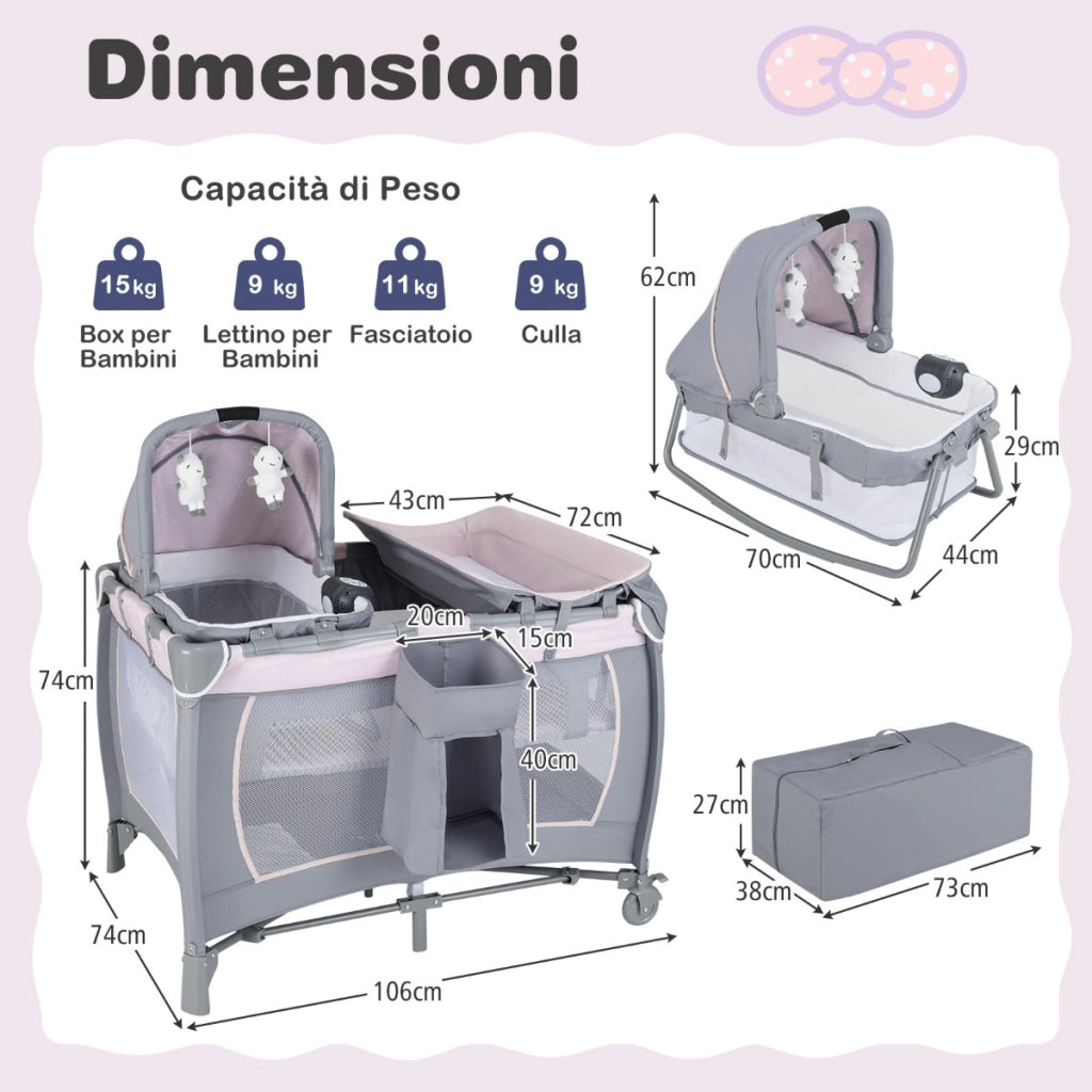 Box portatile per bambini con culla a dondolo e fasciatoio, Lettino pieghevole pack per neonati e bambini fino a 3 anni Rosa-Culle