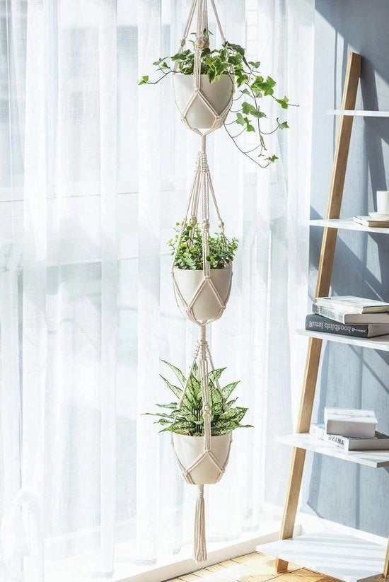 Sostegni per piante 3 livelli Sostegno per piante appesi Sostegno per piante decorativo a mano realizzato con corda di cotone Sostegno per vaso da fiore per outdoor Decorazione per la casa