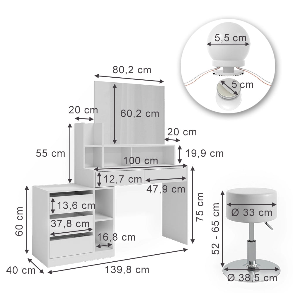 Vicco Tavolo da toeletta Bianco 139.8 cm con illuminazione a LED e sgabello