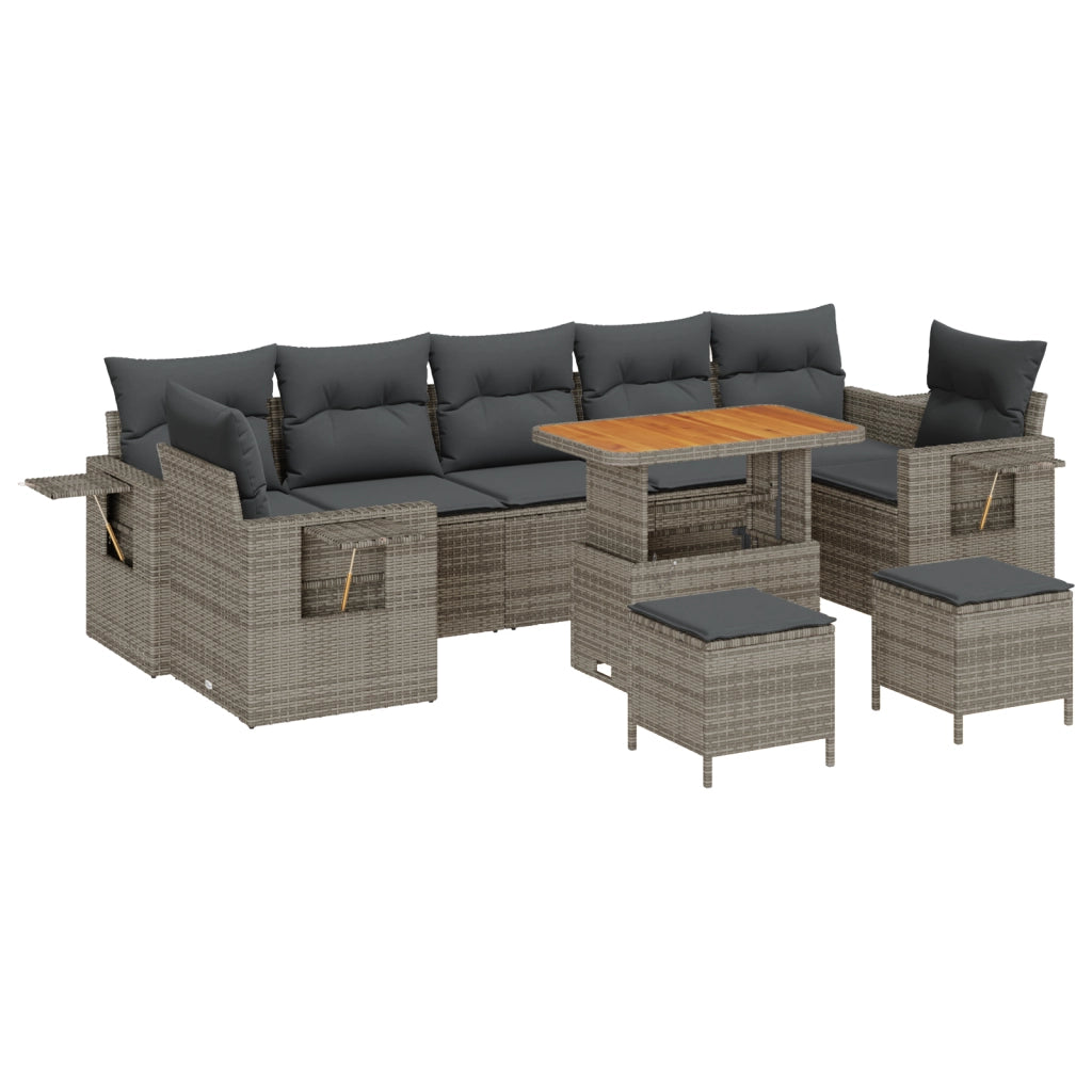 Set divano giardino 10 pezzi con cuscini in rattan grigio poli e acacia