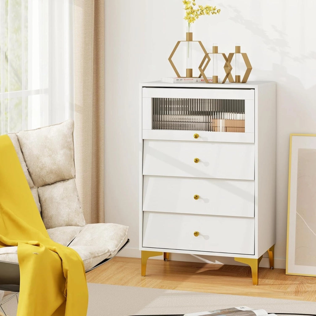 Com¨° 3 cassetti mobiletto moderno con porta in vetro a ribalta e cassetti estraibili, Gambe in metallo dorato e design anti-ribaltamento Bianco