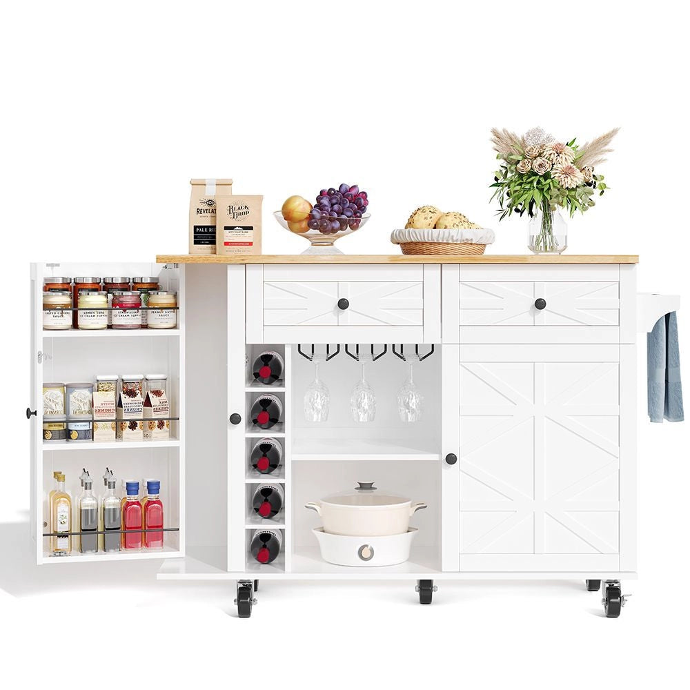 Isola da cucina con piano ribaltabile - Xylo - 120 x 45(70) x 89 cm - Bianco - 5 ruote bloccabili, scaffale porta, portabottiglie e portabicchieri