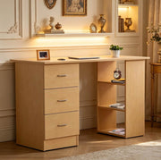 Scrivania per computer in MDF effetto legno chiaro con 3 cassetti e 3 ripiani