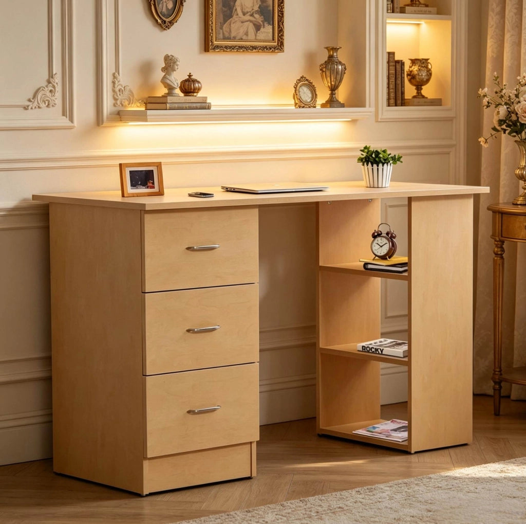 Scrivania per computer in MDF effetto legno chiaro con 3 cassetti e 3 ripiani