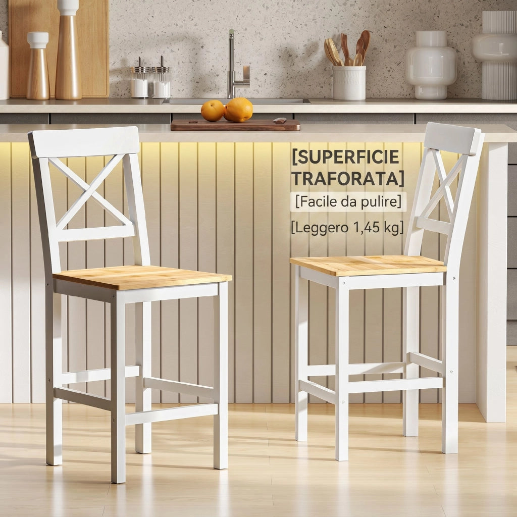 Set di 2 Sgabelli da Bar con Schienale Alto Poggiapiedi in Legno di Pino Naturale e Bianco