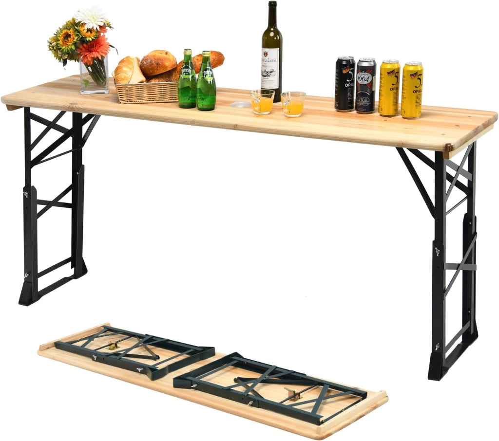 Tavolo da birra da esterno, regolabile in altezza da 75 cm a 105 cm, tavolo da bar da giardino pieghevole, tavolo da picnic con foro per ombrellone, 168,5 x 50 cm (lunghezza x larghezza)