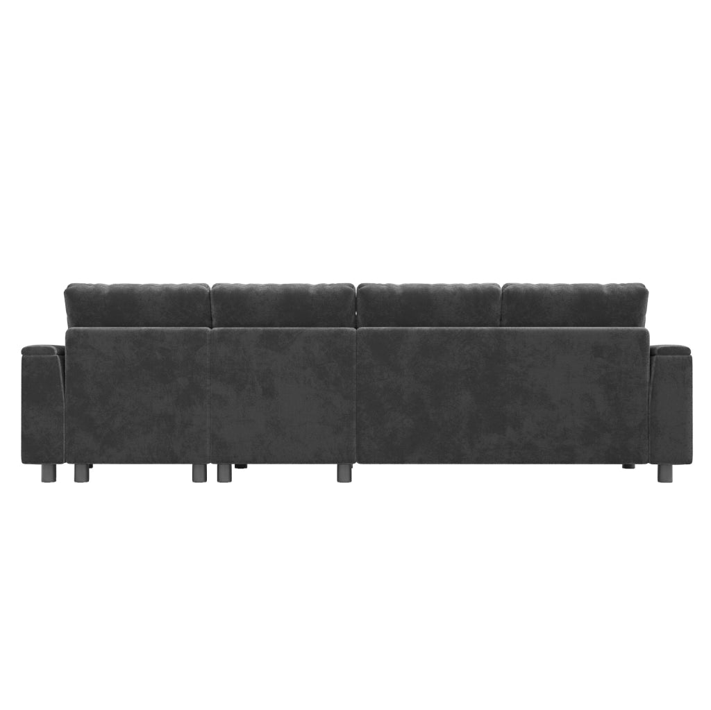 Divano a U in chenille grigio con contenitore e prese USB/Type-C