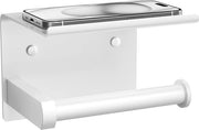 Dispensatore per carta igienica multifunzionale in acciaio inox con piastra per telefono e attacco alla parete con colla o viti, rosetta in acciaio inox (bianco)