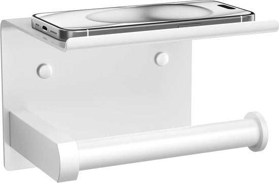 Dispensatore per carta igienica multifunzionale in acciaio inox con piastra per telefono e attacco alla parete con colla o viti, rosetta in acciaio inox (bianco)