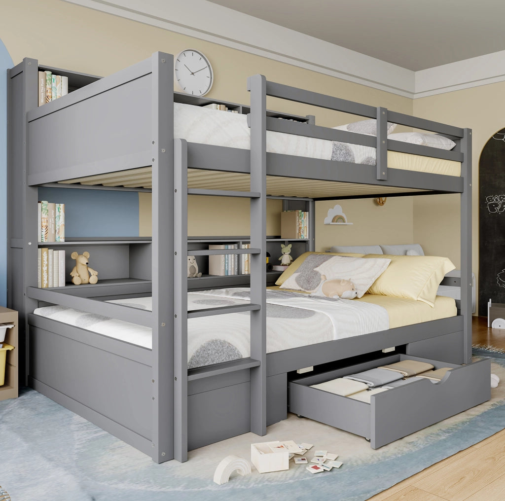 Letto a castello 90x200 cm con cassetto e vani contenitore, grigio