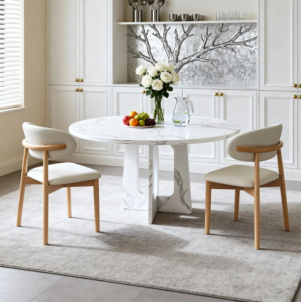 Set tavolo rotondo da pranzo 120 cm in MDF effetto marmo bianco con 2 sedie