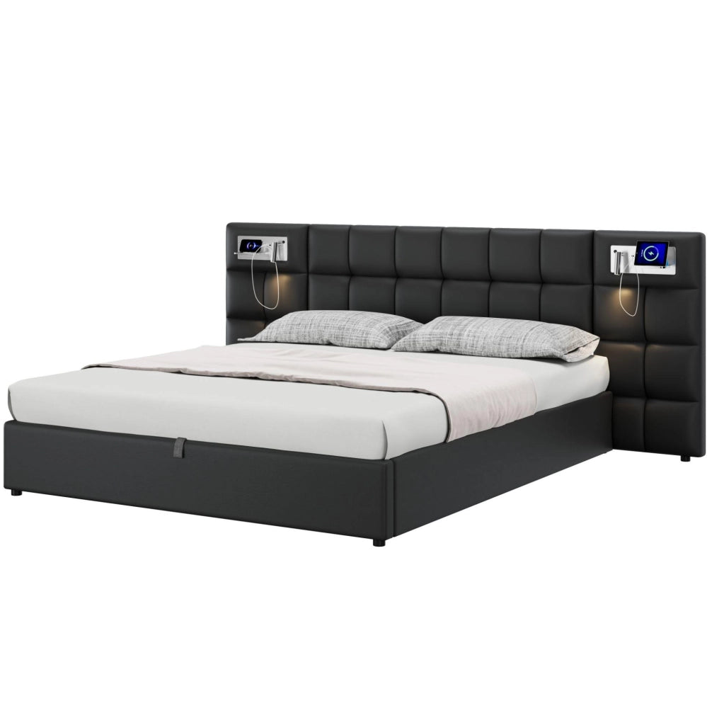 Letto matrimoniale imbottito 180x200 cm in PU nero con USB; ricarica wireless e contenitore