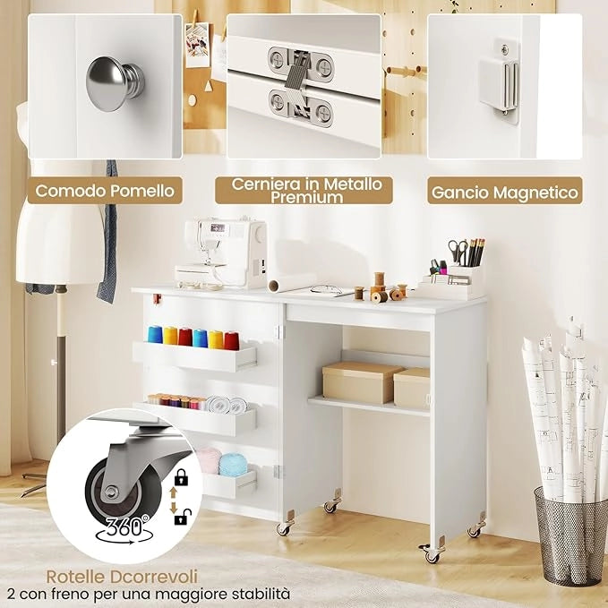 Tavolo da Cucito Pieghevole, Mobile per Macchina da Cucire con Ripiano Portaoggetti, 3 Scomparti Nascosti e Ruote Bloccabili, Mobile Multiuso per Piccoli Spazi (Bianco, 118,5 x 40 x 79,5 cm)