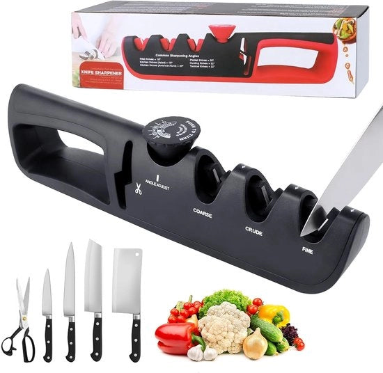 4-in-1 Messenslijper Manuale - con Regolatore di Angolo a 6 Posizioni - Messenslijper - Modalità Ergonomica per Affilare le Lame - Incluso Pietra di Affilatura e Acciaio di Affilatura Sostituibile - con Manico di Angolo Regolabile