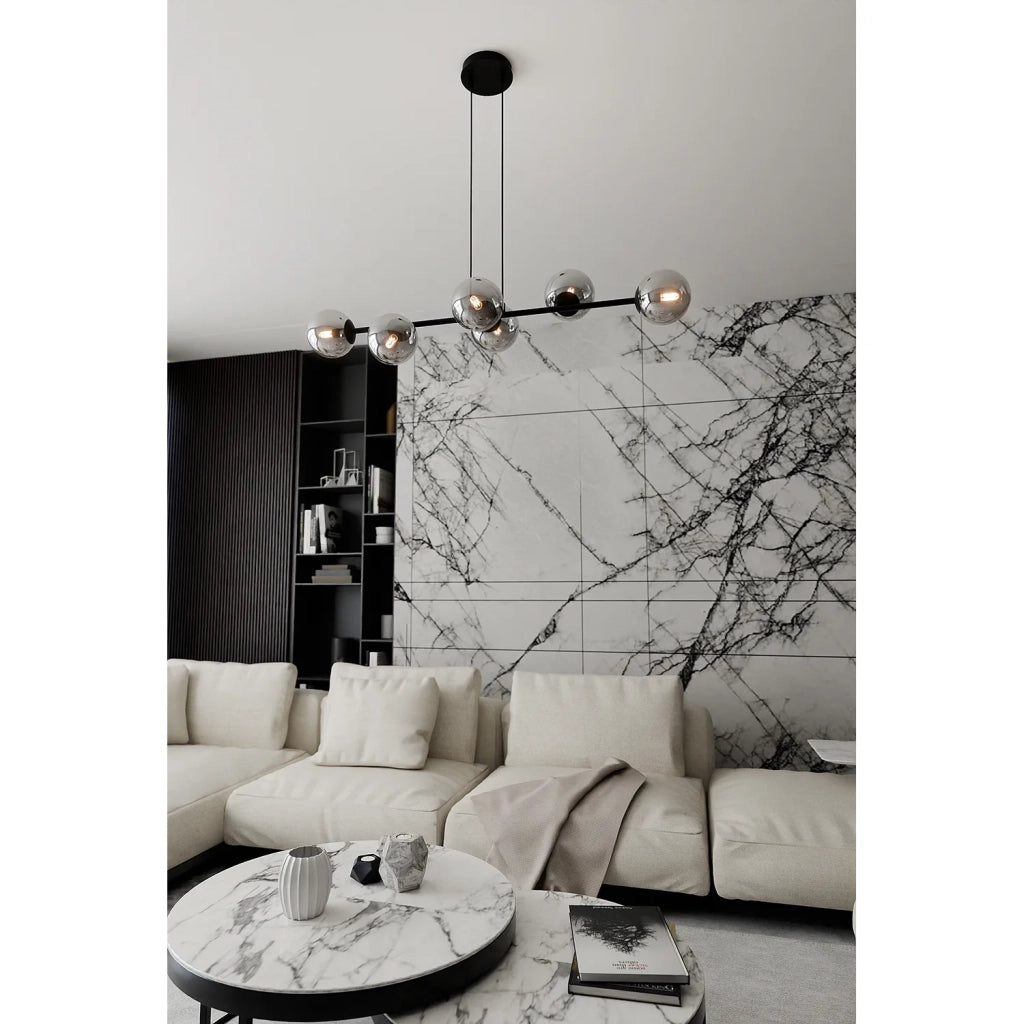 Lampadario Contemporaneo 6 Luci Durga In Acciaio Nero E Sfere In Vetro Fumè