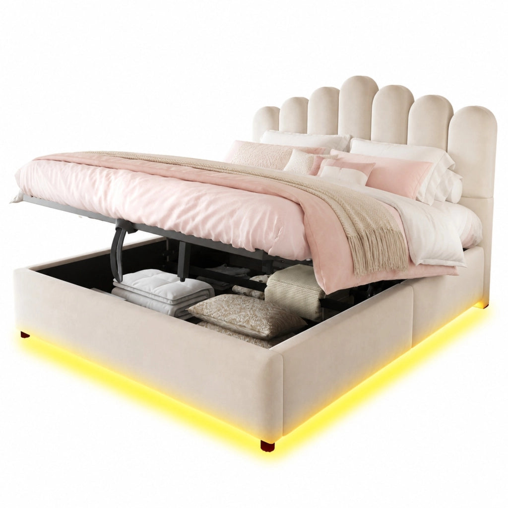 Letto Contenitore 140x200 cm con LED e Testiera Imbottita; in Velluto Beige
