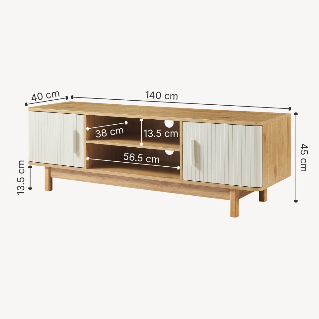 Mobile Porta TV Ferrersp a 2 Ante e Scomparti Aperti 140 x 40 x 45 cm - Effetto Rovere / Avena Oatmeal [en.casa]