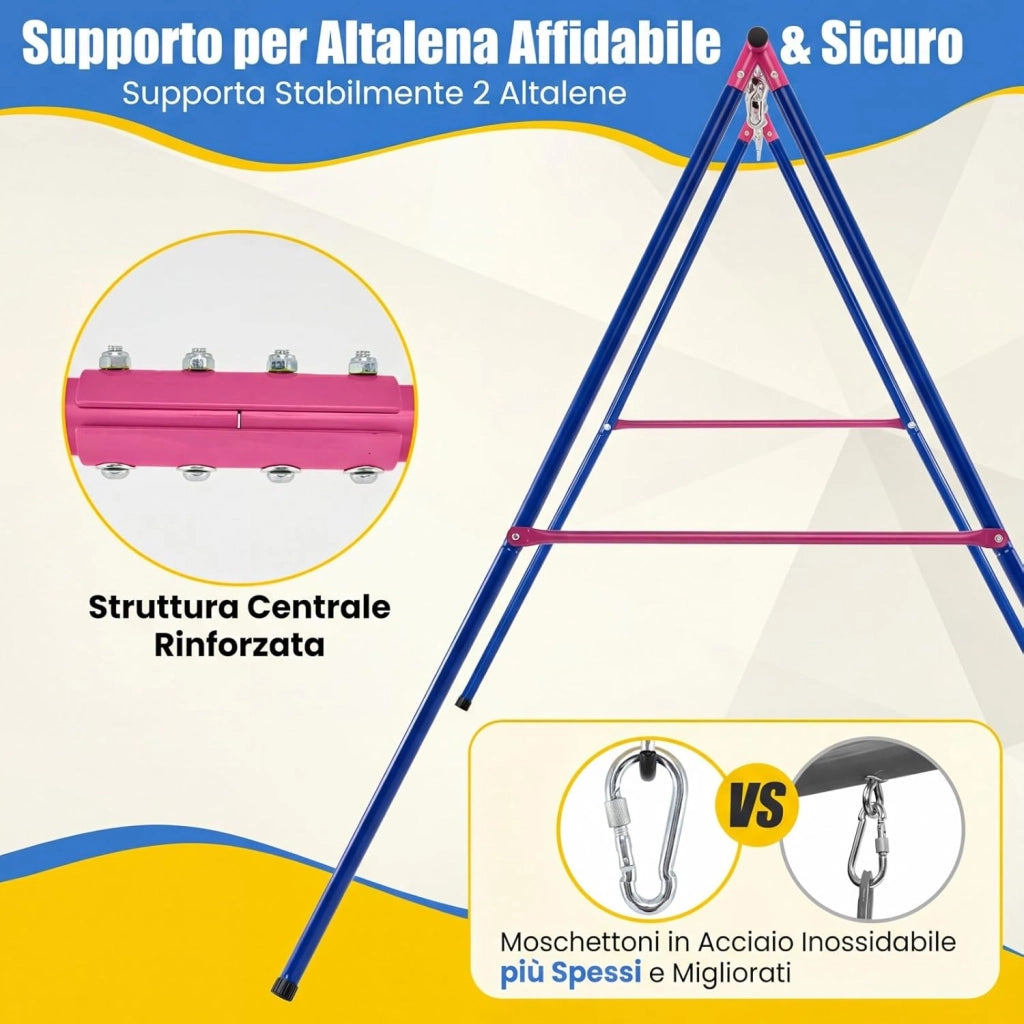 Set Altalena da Giardino per Bambini, Struttura di Metallo ad A con 1 Sedile in EVA Morbido e 1 Altalena Nido, Capacità 300 kg, Ideale per Giardino Parco Giochi (Rosso+Blu, Altalena+Supporto)