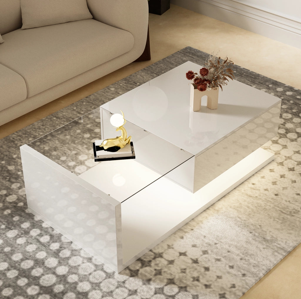 Tavolino da caffè bianco lucido con vetro e LED 105x55 cm
