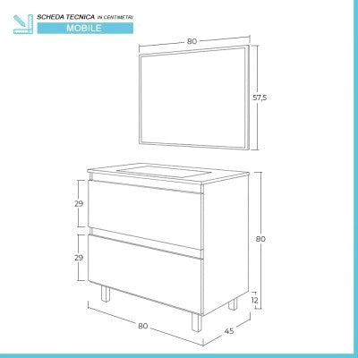 Mobiletto bagno a terra 80 cm 2 cassetti serie Oasi rovere con specchio e lavabo