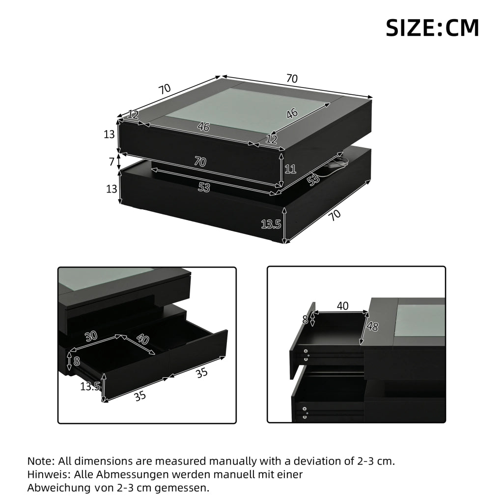 Tavolino basso con LED, 3 cassetti e piano in vetro temperato, finitura lucida, per soggiorno, nero, 70 × 70 × 35 cm