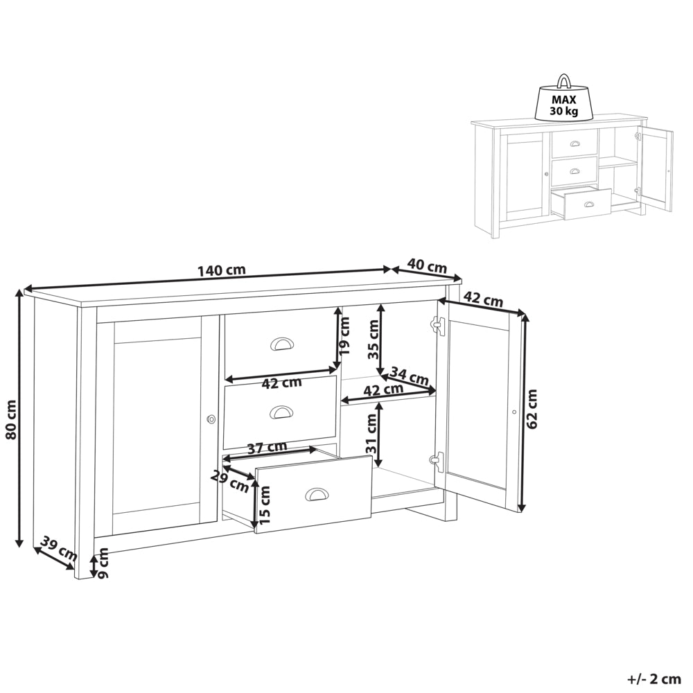 Credenza a 2 ante in truciolare di legno chiaro 2 armadi e 3 cassetti in stile tradizionale