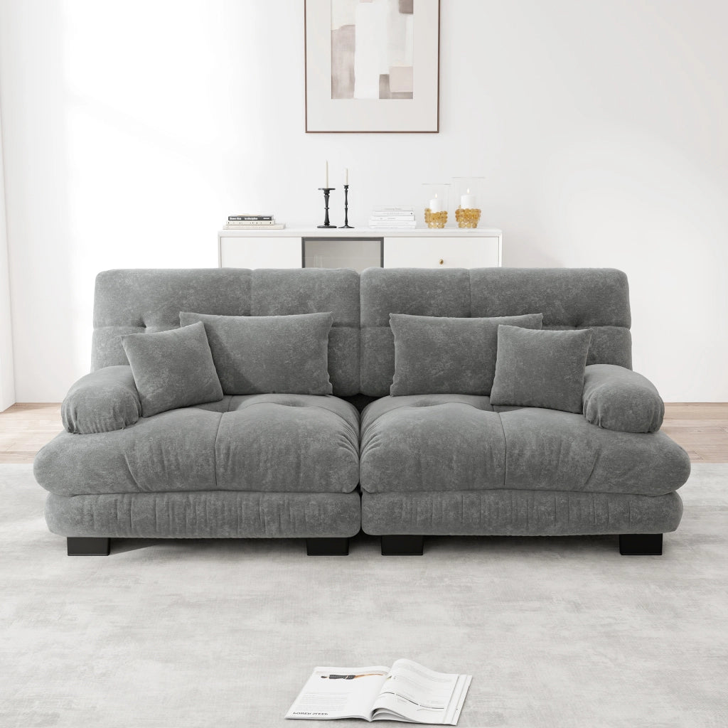 Divano angolare modulare in chenille con cuscini lombari e decorativi schienale ergonomico per soggiorno grigio