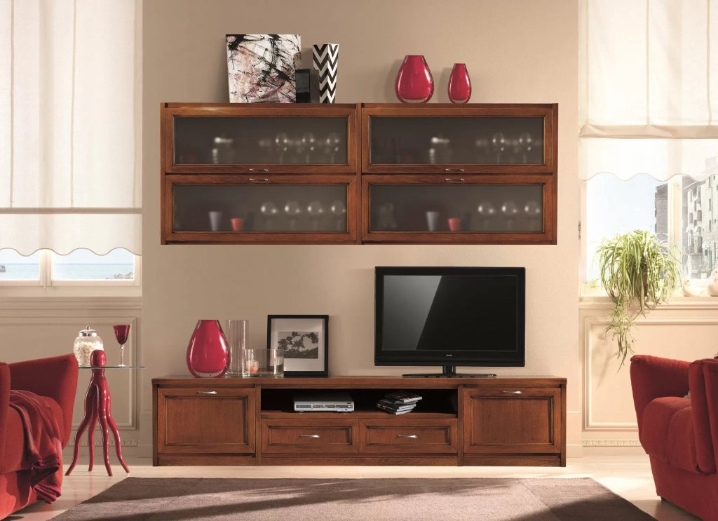 Parete attrezzata porta tv in legno tinta noce  l.212 p.36/60 - Mobili 2G