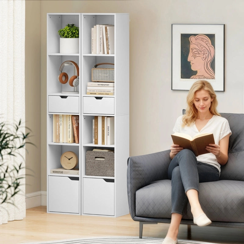 Libreria con 4 vani aperti, cassetto e anta, ripiano regolabile, per soggiorno, bianco, 87 × 36,5 × 15,5 cm