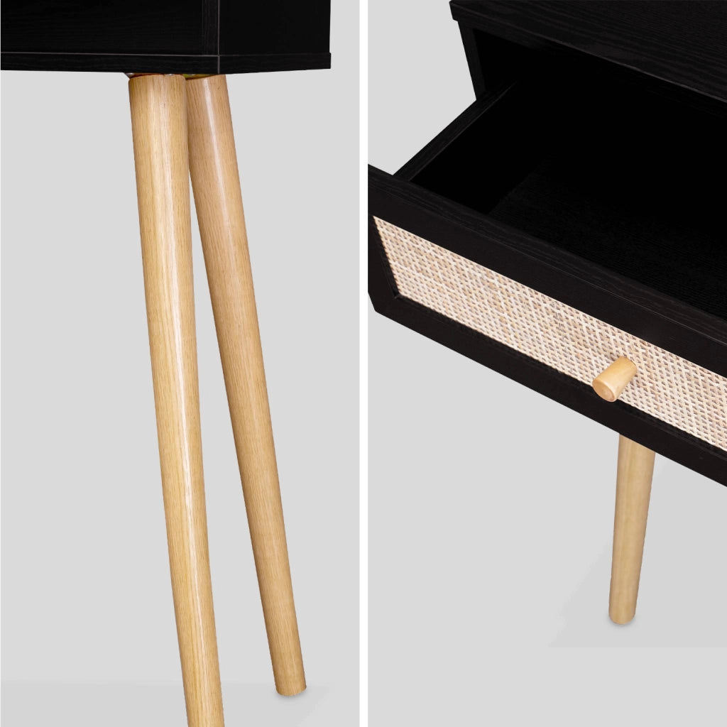 Consolle scandinava con effetto legno e canna, 100cm, nero