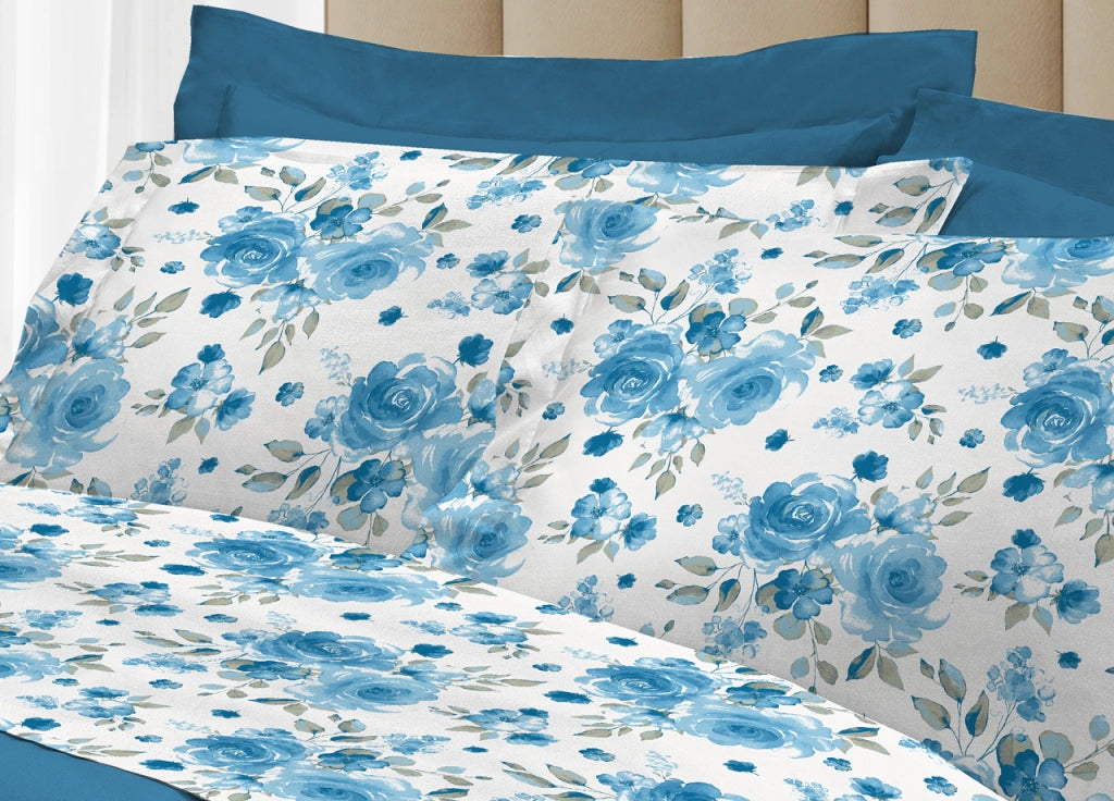 Completo Lenzuola Letto 100% Cotone Italy 3027 Disegno Rosa - Matrimoniale - Azzurro