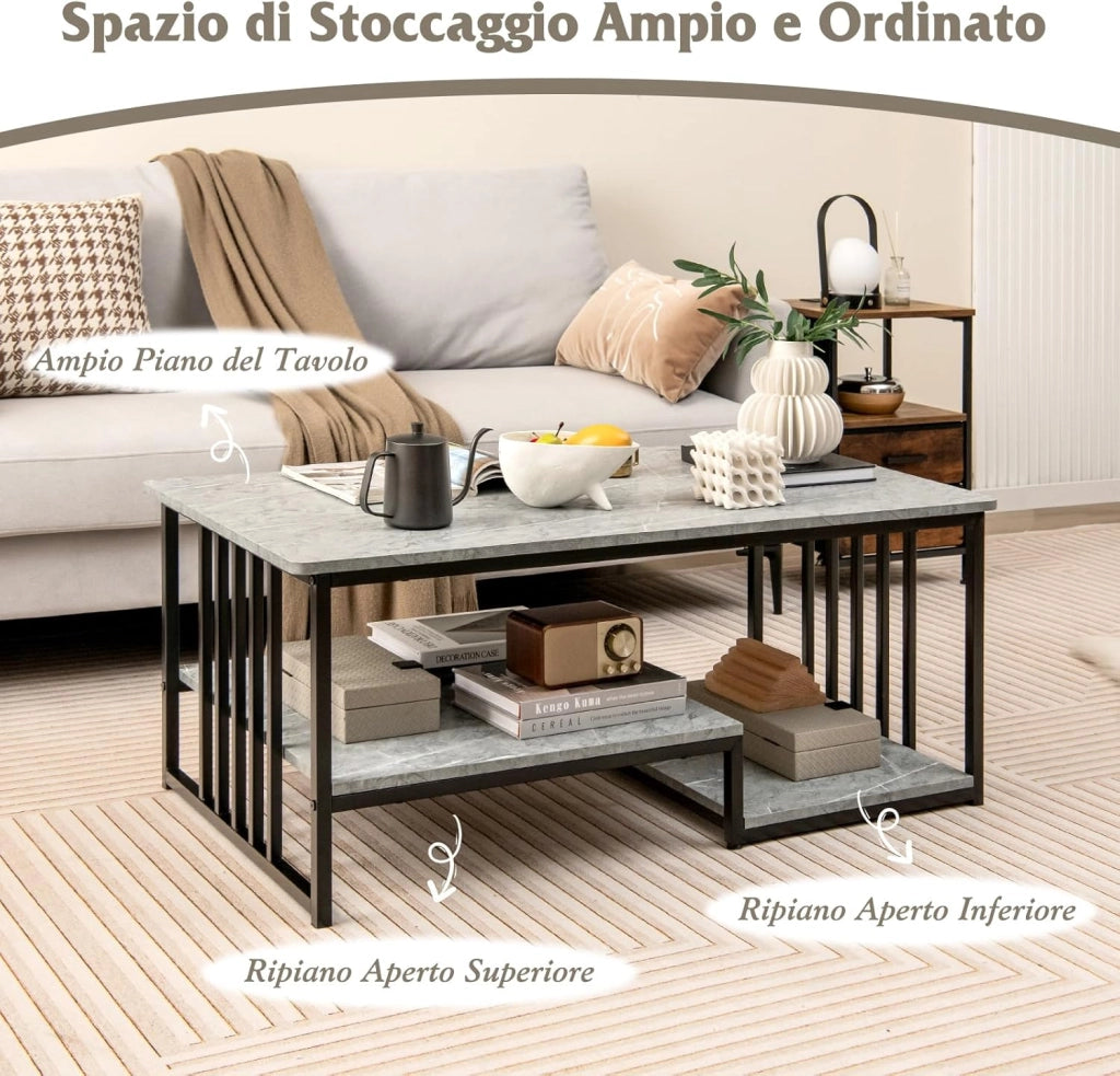 Tavolino da Salotto Effetto Marmo, Tavolino Rettangolare a 2 Piani con Mensola Aperta, Tavolino Lungo e Moderno con Struttura in Metallo per Casa e Ufficio, Grigio