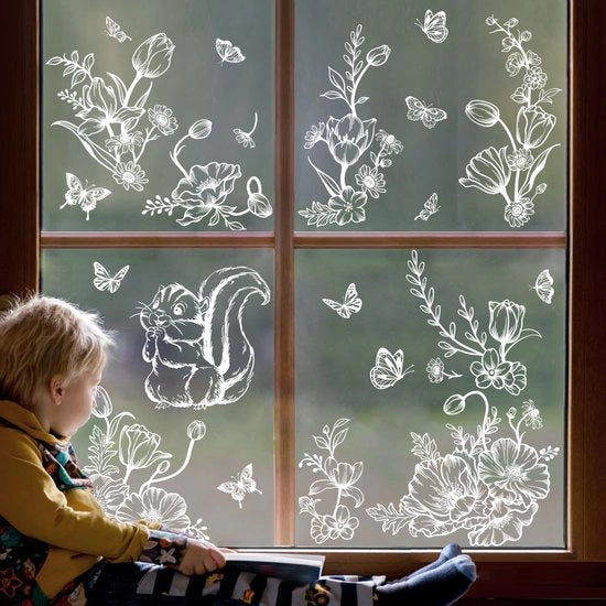 Decorazione per finestre Sticker con fiori bianchi Immagini per finestre Estate Primavera Sticker per finestre con scoiattolo farfalla Sticker antiproiettile per finestre Sticker per vetri finestre Decorazione per finestre Sticker