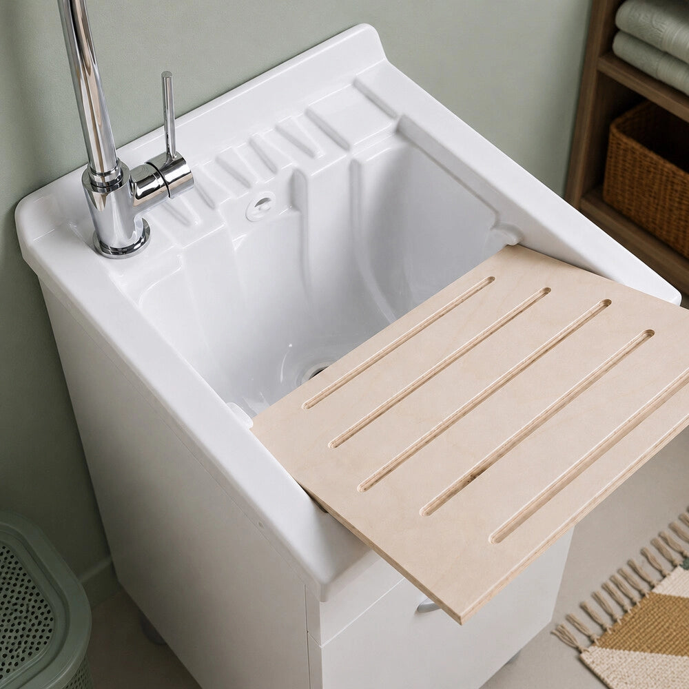 Mobile lavatoio 44x59 cm bianco opaco con anta e vasca incluso di asse di lavaggio e kit di scarico Medea