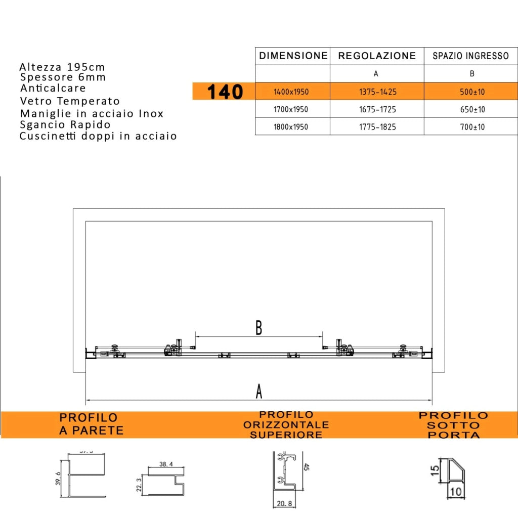 Porta doccia scorrevole ingresso centrale 6mm h195 anticalcare lagoa, misura 140