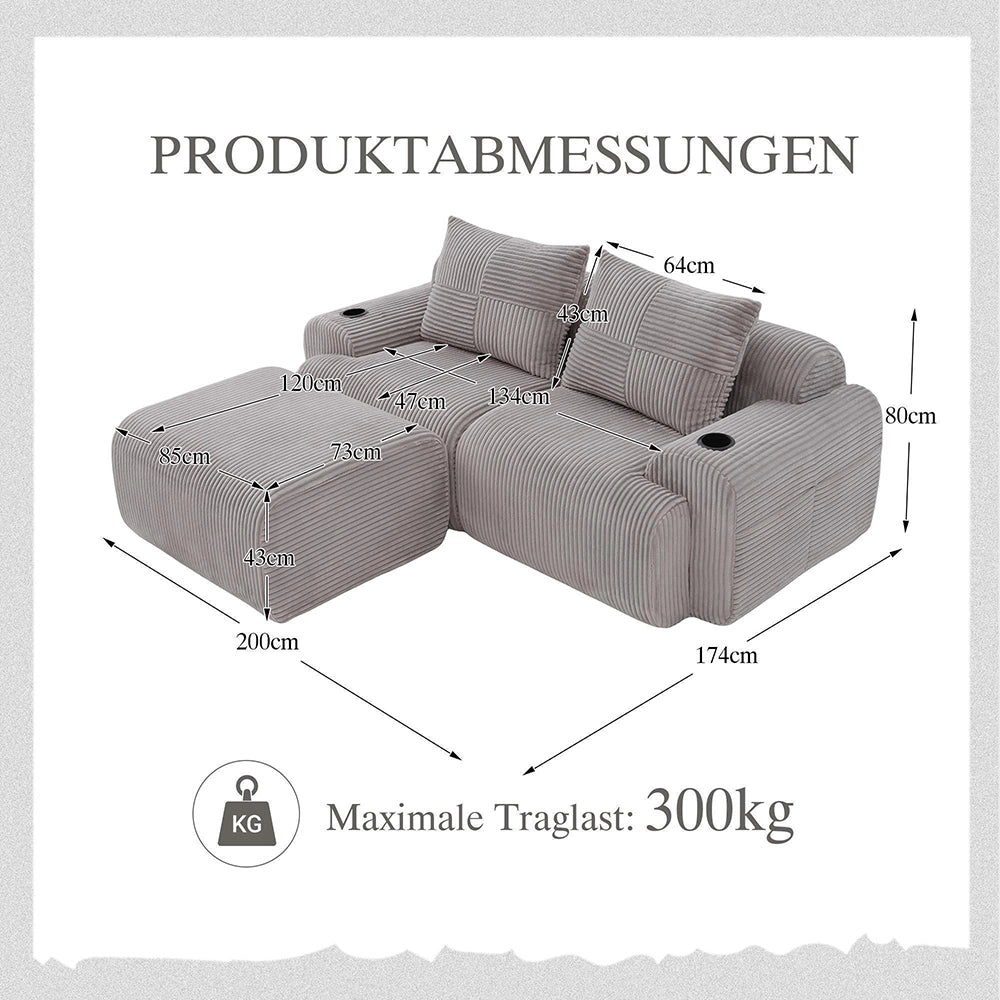 Canap¨¦ modulable in velluto costato per 2 persone - Xylo - Grigio chiaro con porta-bevande e tasche laterali
