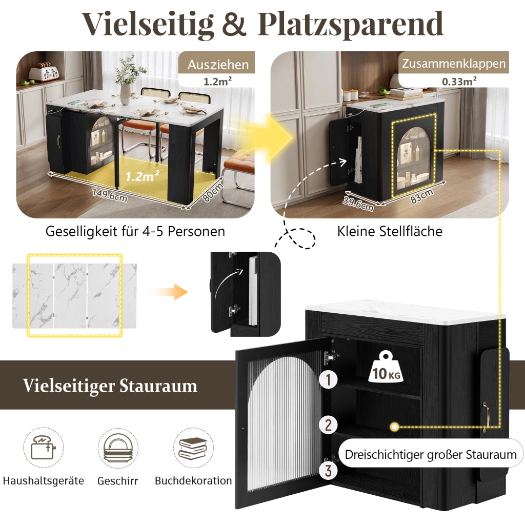 Tavolo da pranzo - isola cucina su ruote - piano estraibile e rimovibile - con prese - nero - per cucina e sala