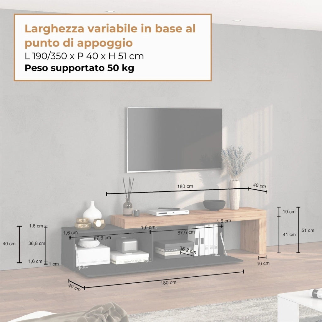 WHOUS Mobile porta tv Chronos estensibile con 1 anta a ribalta antracite/rovere 190/350x40x51 cm