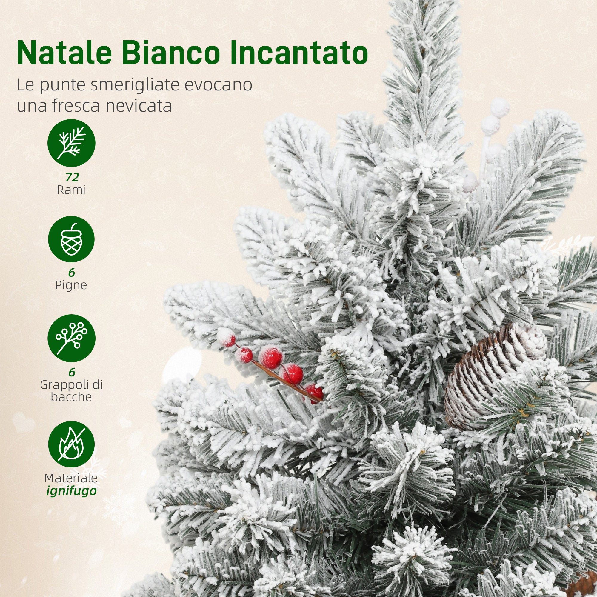 Albero di Natale Mini Innevato 60 cm con Pigne e Bacche Rosse per Interni